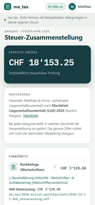 me_tax Steuer-Zusammenstellung zum Export