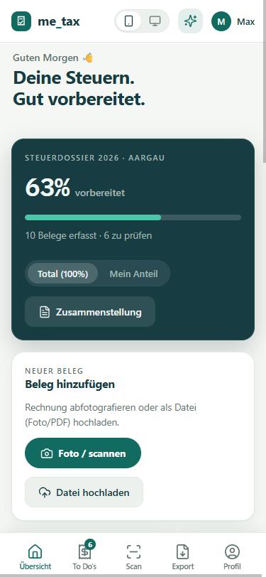 me_tax auf dem Handy: Übersicht